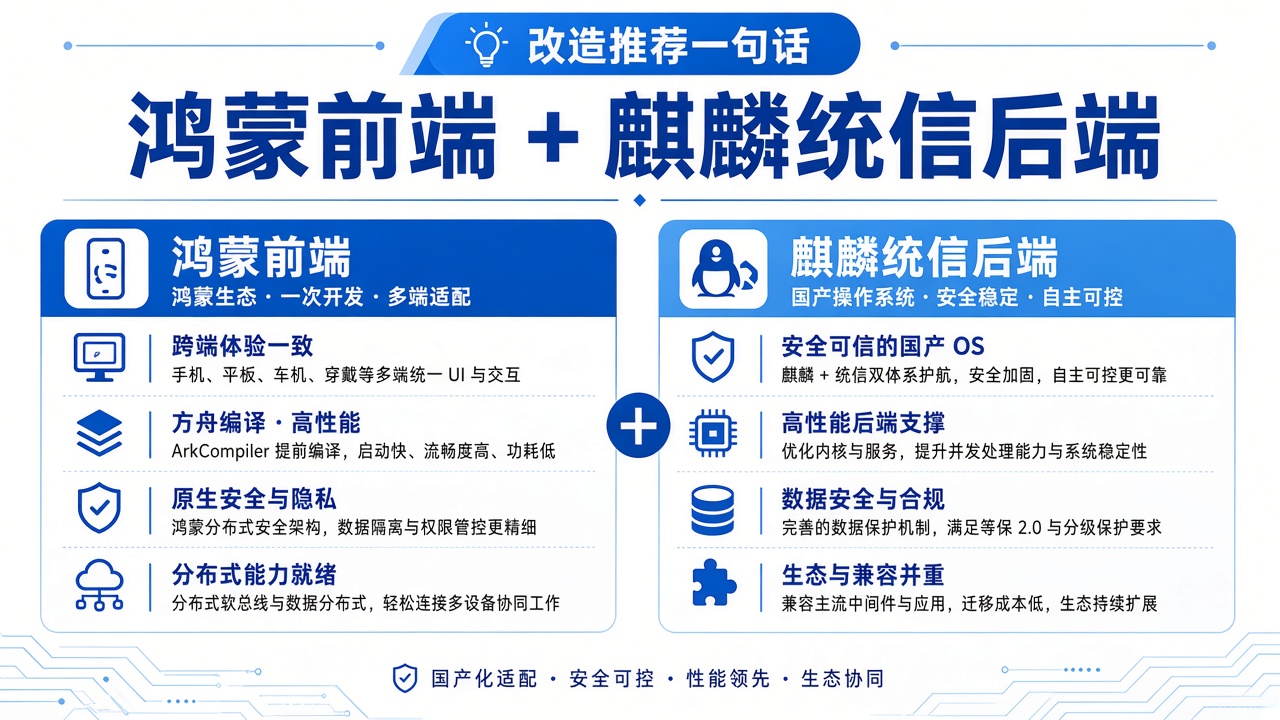 全国产化系统改造怎么推荐?后端麒麟统信 + 前端开源鸿蒙